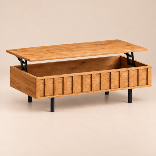 Table basse relevable effet chêne rainuré, plateau relevé
