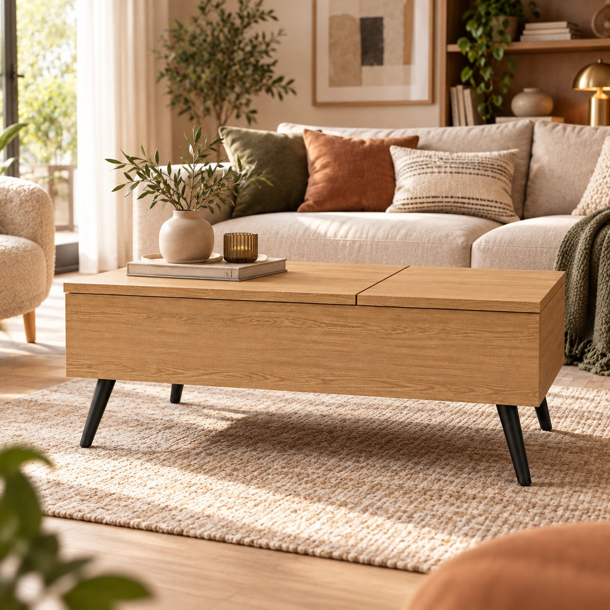 Table basse double plateau bois fermée dans un salon beige