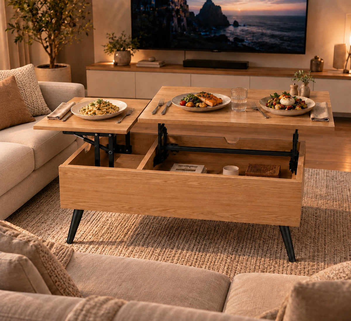 Dîner à deux sur la table double plateau relevée devant la télé