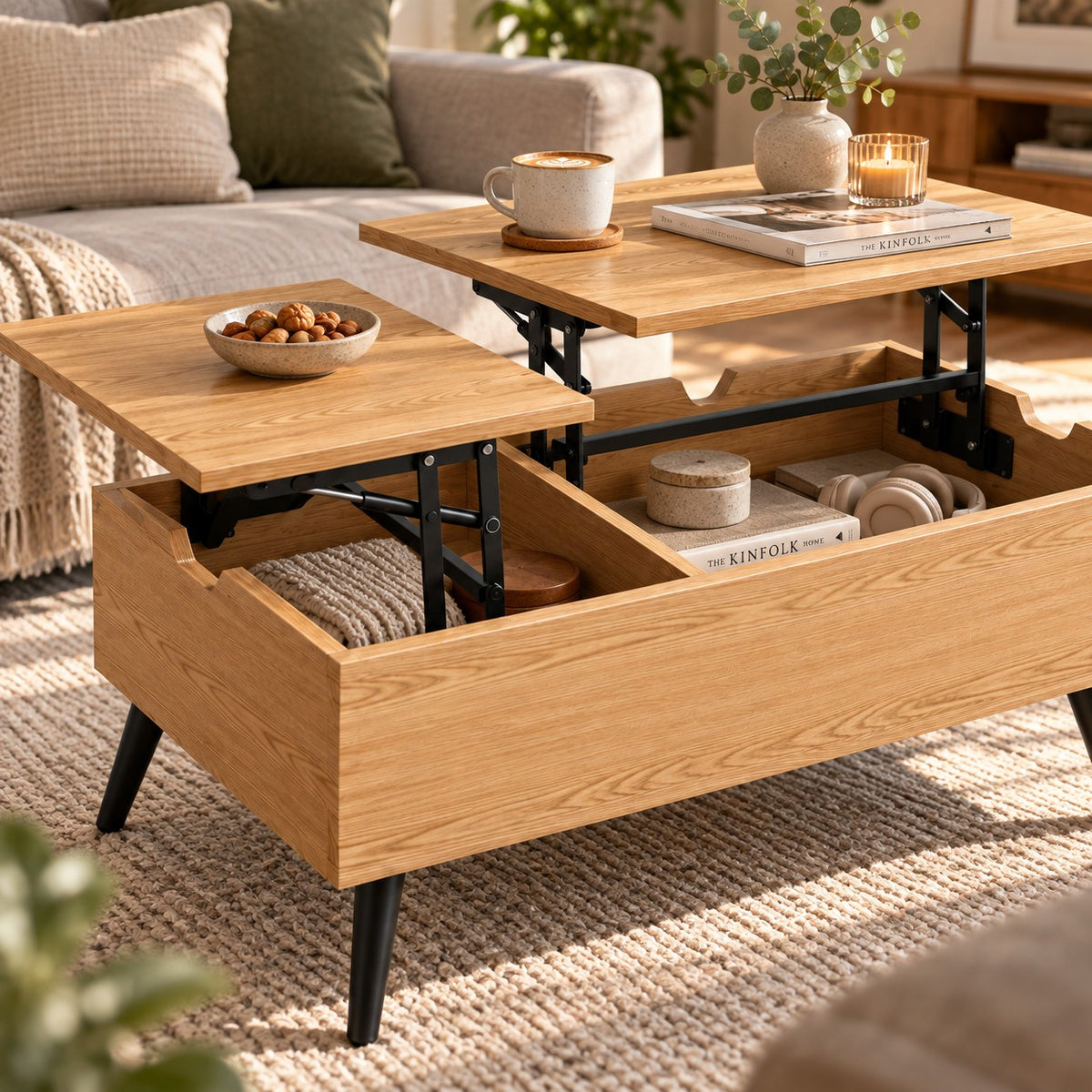 Deux plateaux relevés et deux rangements cachés sous la table
