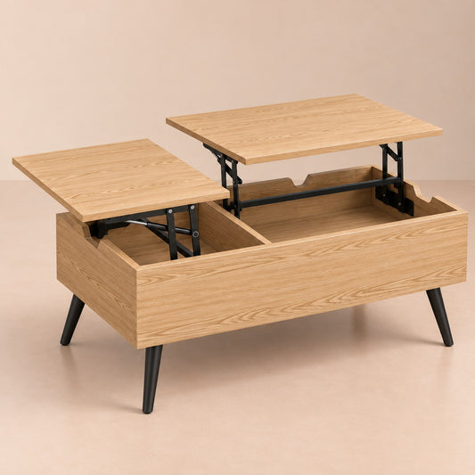 Table basse relevable double plateau bois, plateaux relevés