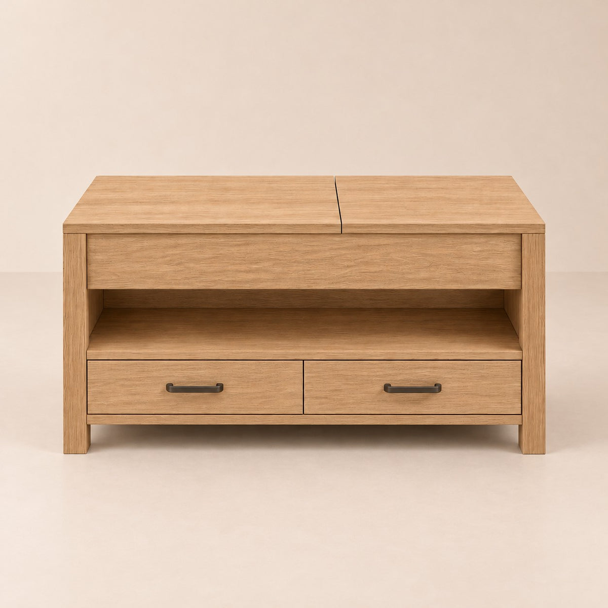 Table basse relevable avec tiroirs et coffre, bois naturel, fermée