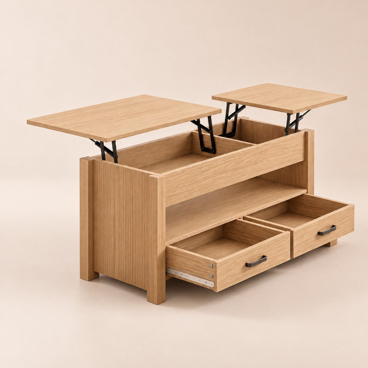 Table basse relevable avec tiroirs et coffre, bois naturel, plateaux relevés et tiroirs ouverts
