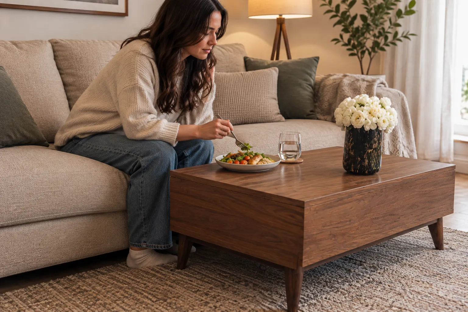 Femme penchée en avant pour manger sur une table basse classique