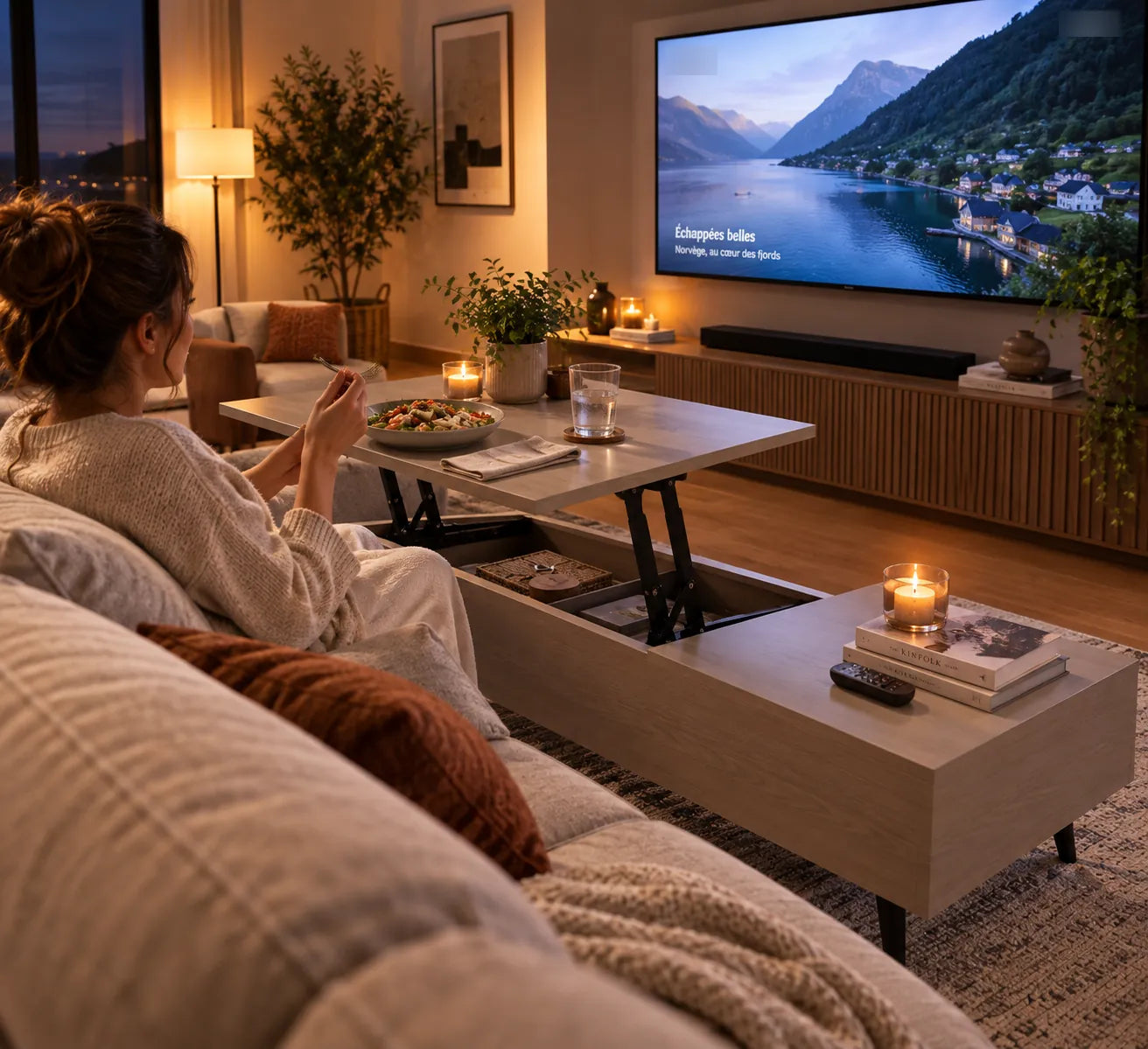 Plateau relevé avec une assiette et un verre, devant la télévision