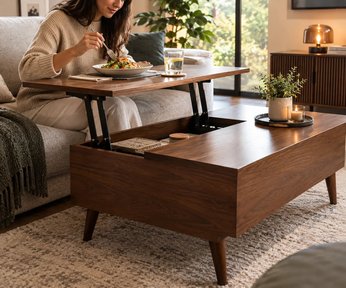 Femme qui dîne sur le canapé, plateau de la table relevable relevé devant elle